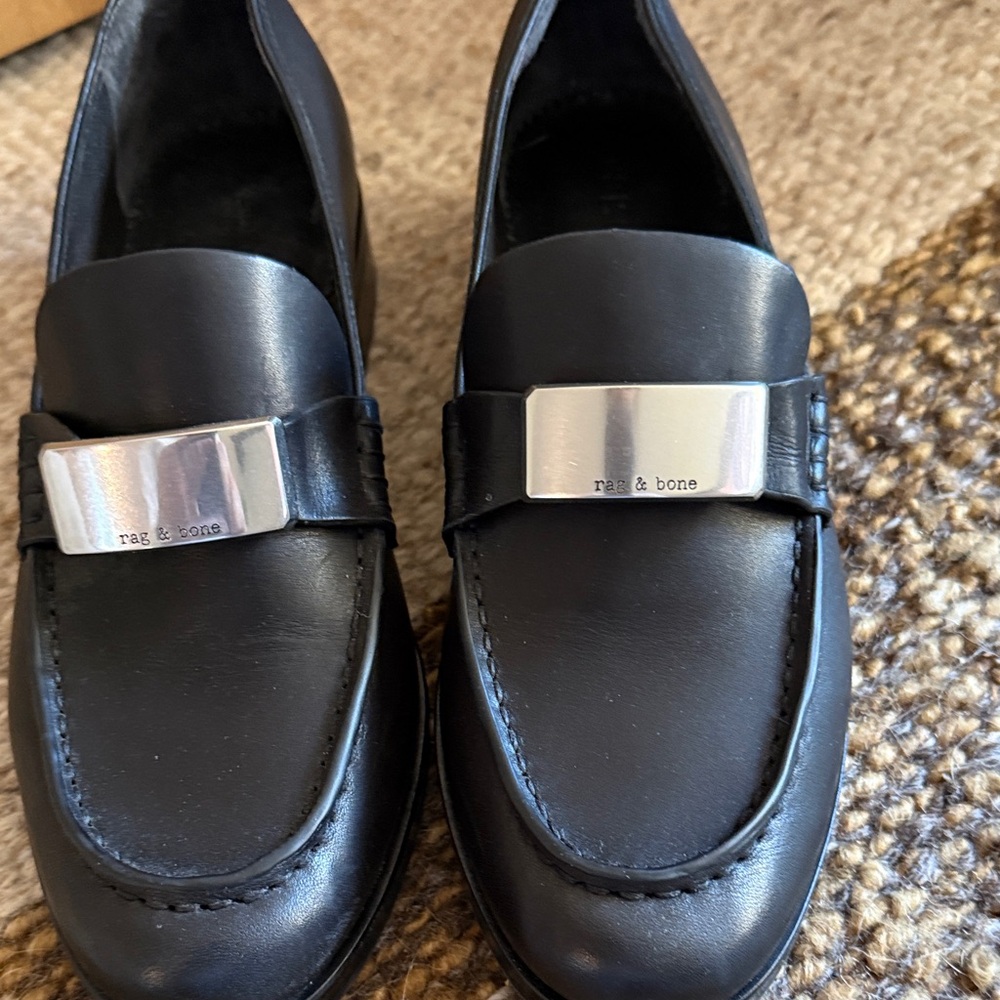 Rag & Bone Black Leather Slip-On Loafers with Silver Accent